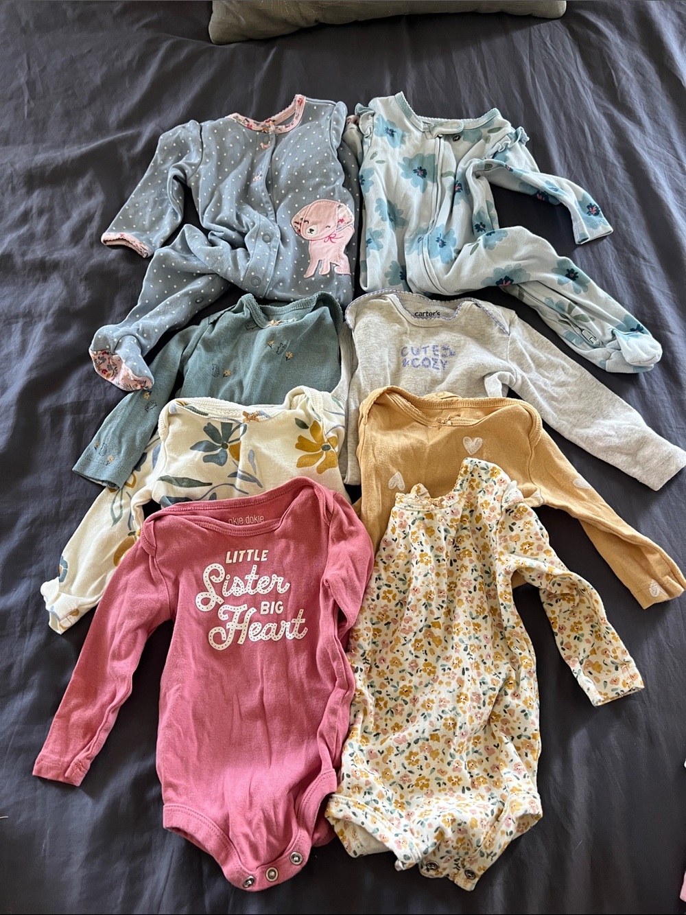 Bundle of 8 long sleeve baby girl size 6 month onesies yellow blue flowers